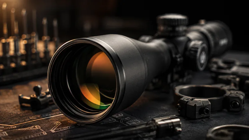 Rifle scope with amber lens coating on a dark workbench