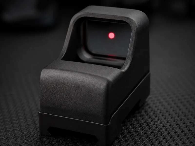 Compact reflex sight with glowing red aiming dot on a dark mat