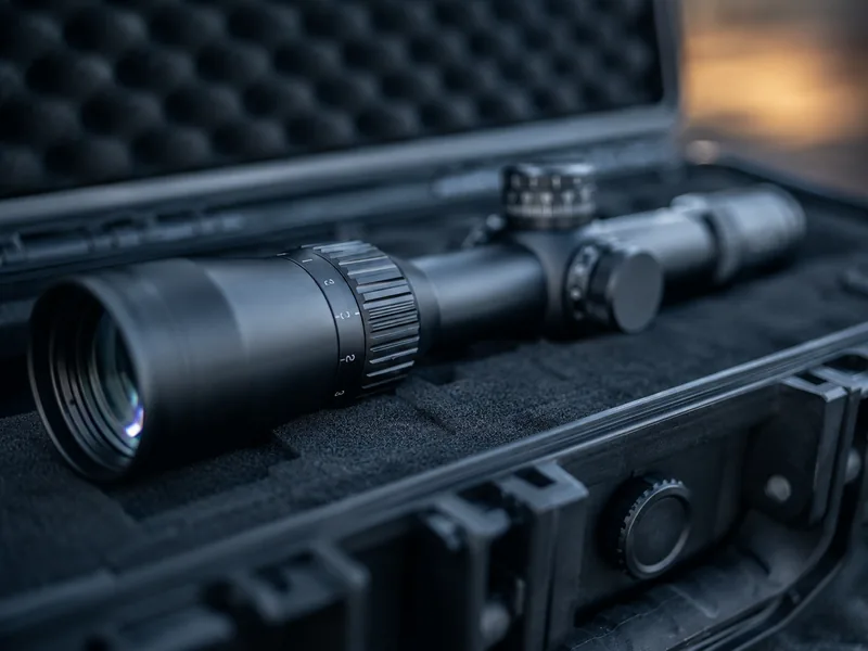 Variable power rifle scope resting in a foam-lined hard case